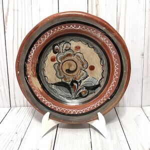 Hand Painted Mexican Pottery Plate Floral Folk Art Tonala Style Vintage Rustic
